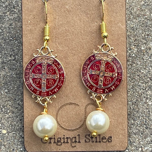 Red | St. Benedict | Earrings | Catholic | Pearl