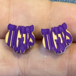 Tigers | mascot | earrings | studs | purple and gold